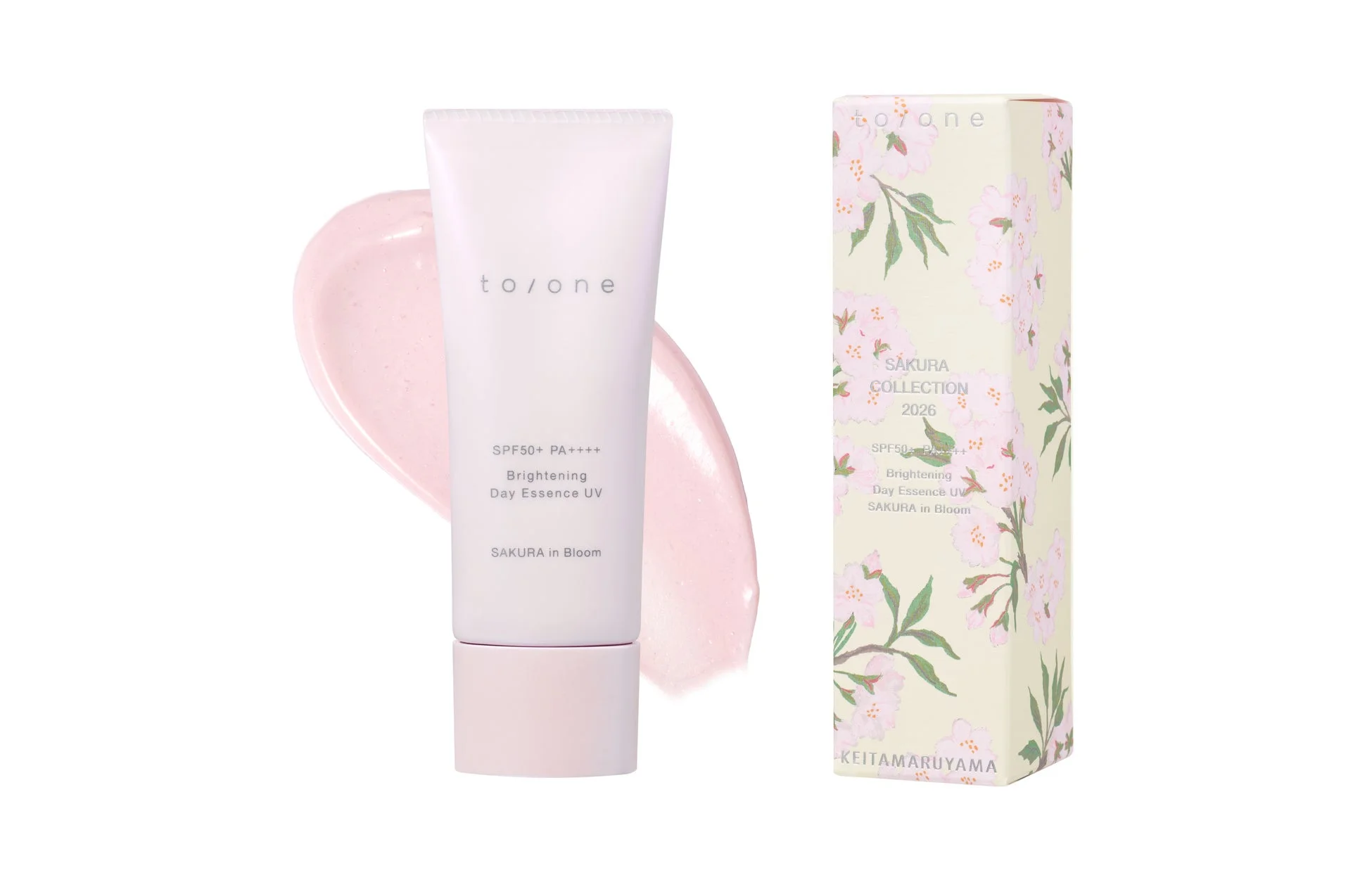 to/oneのBrightening Day Essence UV SAKURA in Bloomと、桜柄がデザインされた限定パッケージのSAKURA COLLECTION 2026の画像