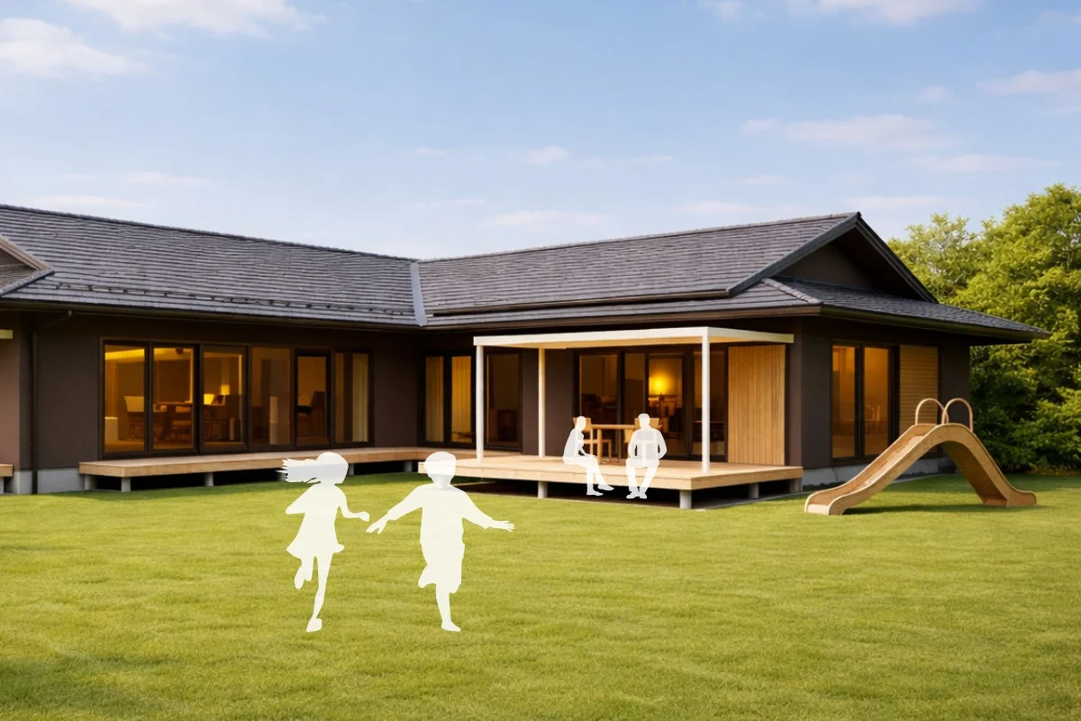 広い庭とウッドデッキ、キッズスペースのイメージ