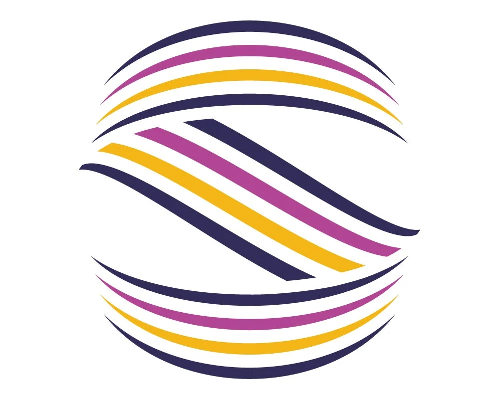 紫、黄、紺の3色を使った抽象的なロゴデザイン。複数の曲線が重なり合い、中央にS字のような形を形成し、全体として楕円形や球体のような印象を与えるシンボルマーク