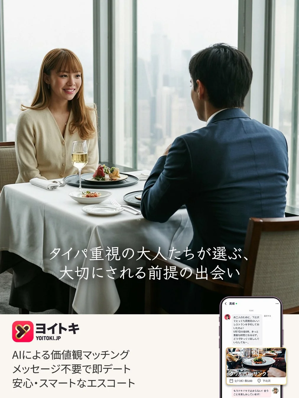 高層階のレストランで食事をする男女のデート風景