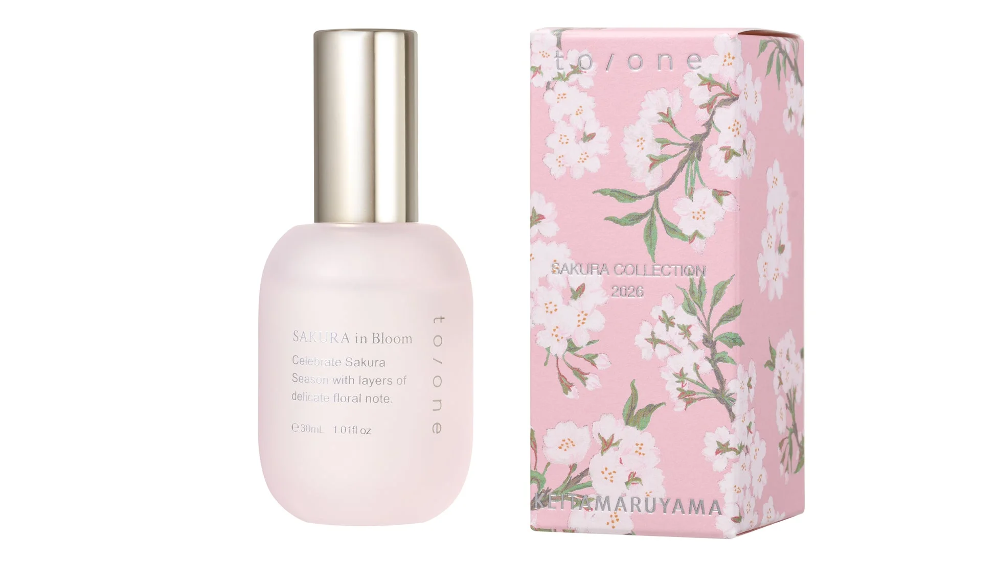 to/oneのSAKURA in Bloom化粧品ボトルと桜柄の限定パッケージの画像