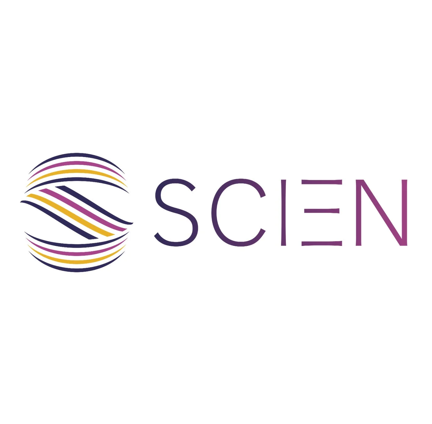 SCIENという文字と、紫、黄、紺色の波状の線で構成された抽象的な球体ロゴ