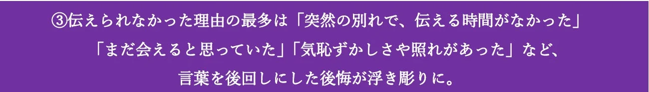 伝えられなかった理由の最多は「突然の別れで、伝える時間がなかった」 「まだ会えると思っていた」「気恥ずかしさや照れがあった」など、 言葉を後回しにした後悔が浮き彫りに。