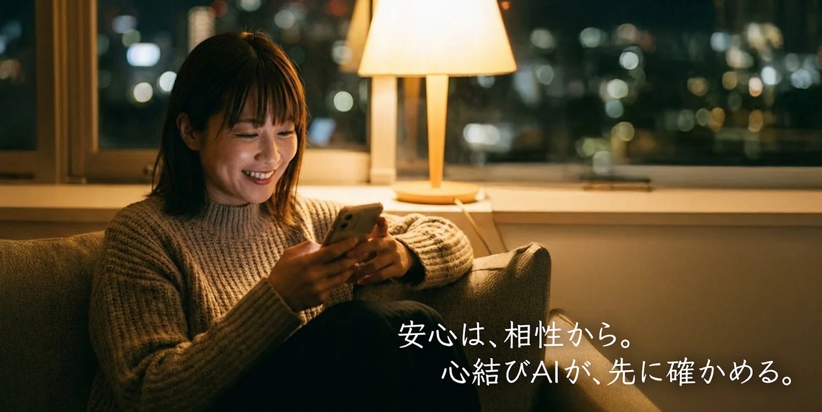 夜の部屋で、女性がソファに座ってスマートフォンを操作し、笑顔を見せています